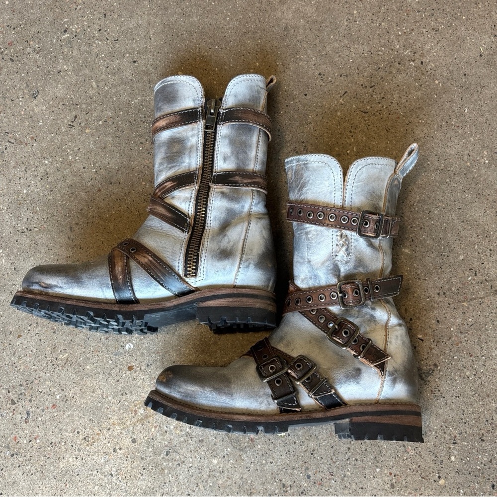 freebird Silver Leather Buckle Strap Combat Boots with Brown Accents